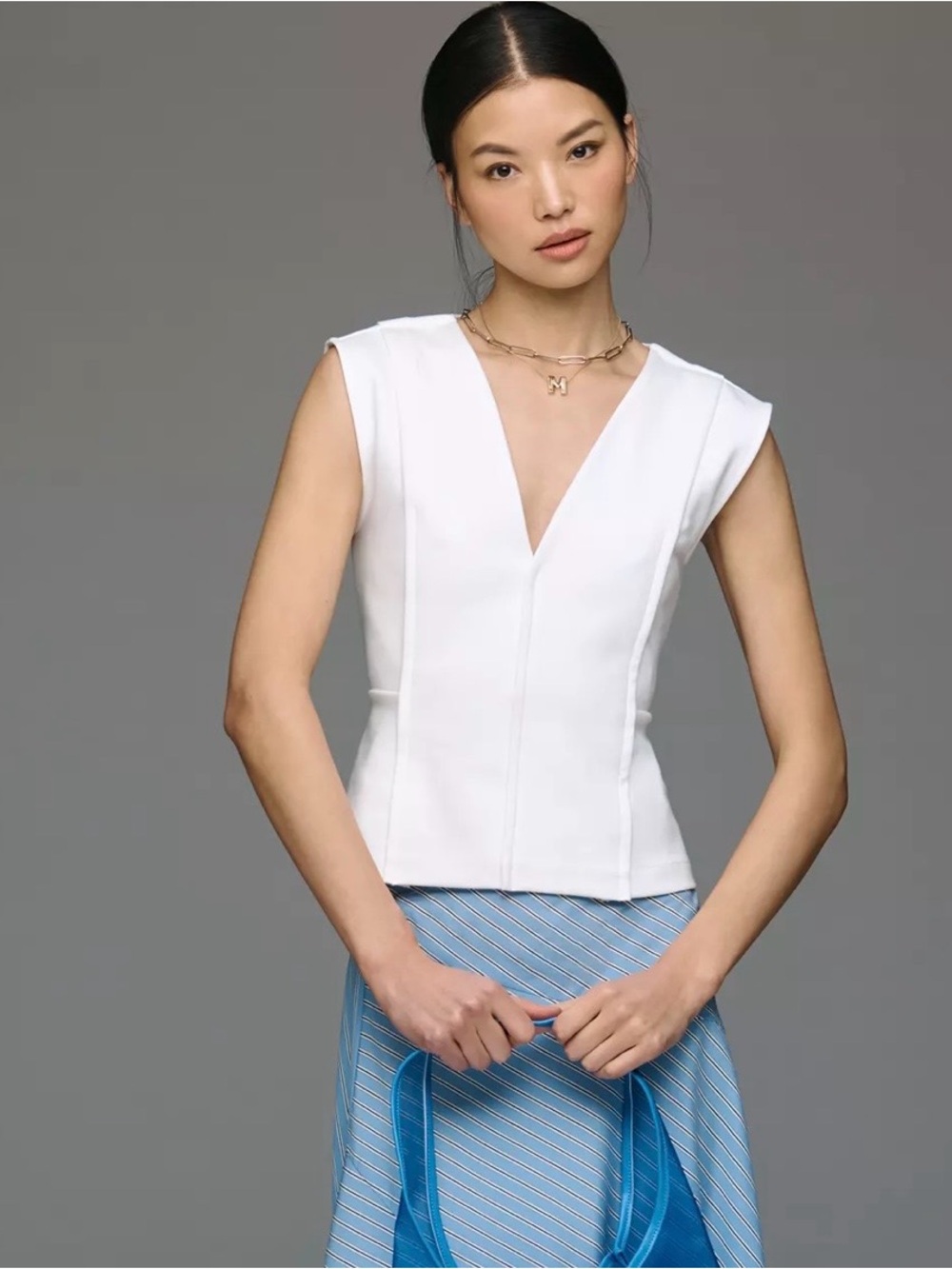 Maeve Sleeveless Structured White V-Neck Top
